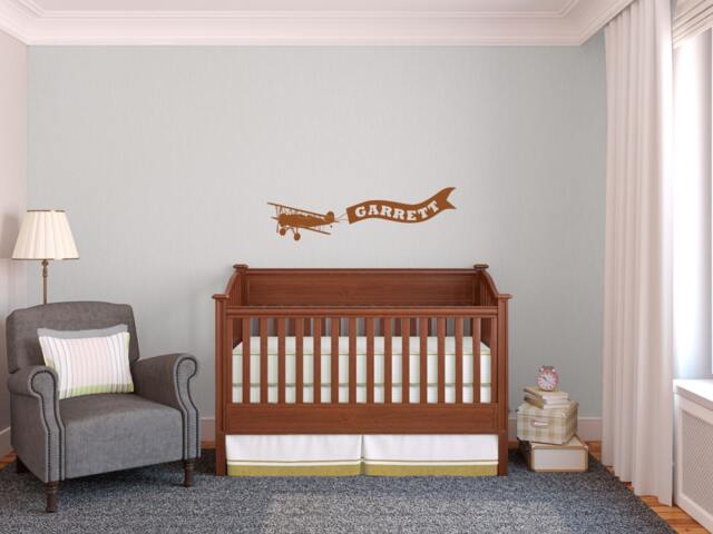 Turn Of The Century Bi-Plane Banner With Personalized Name - Wall Decal Custom Vinyl Art Stickers - image 1