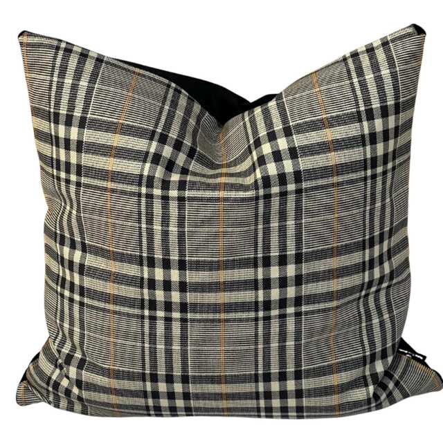 Handmade Windsor Plaid Cushion Cover - Black & Cream Check, Velvet Back - image 1