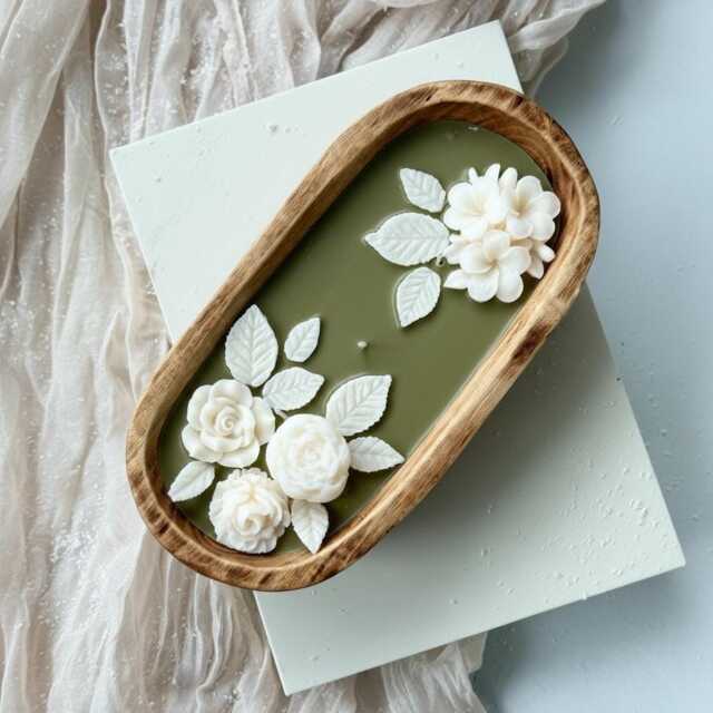 3 Wick Large Floral Dough Bowl Candle, 3D Rose Flower Scented Olive Green Yellow Candle, Flower Home Decor, Floral Gift For Her, Soy Wax Candle - image 1