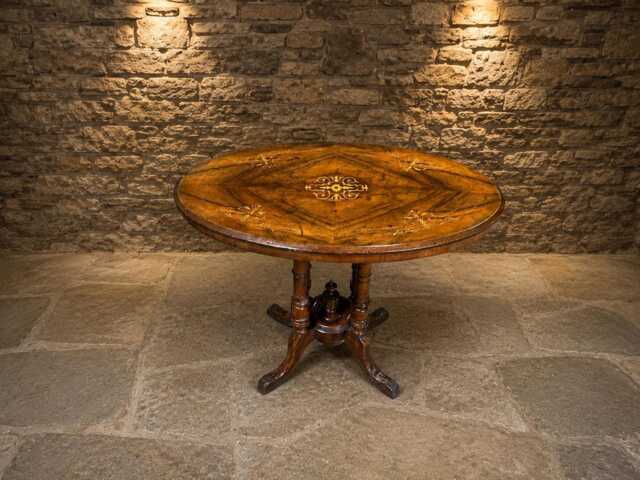 Victorian Burr Walnut Marquetry Oval Centre Table - Antique English Occasional Circa 1860-1880 - image 1