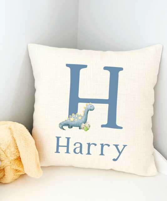 Personalised Boys Dinosaur Cushion, Blue Dino Bedroom Decor, Name Cushion Cover, Nursery Accessories, Boy Gift - image 1