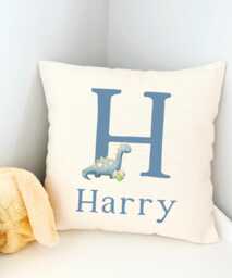 Personalised Boys Dinosaur Cushion, Blue Dino Bedroom Decor, Name Cushion Cover, Nursery Accessories, Boy Gift - thumbnail 1