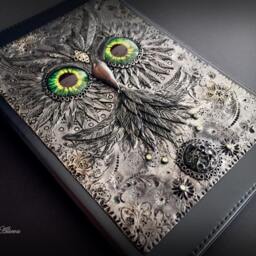 Handmade Polymer Clay Owl Journal Cover, Sculpted Notebook Cover - 15x22cm - thumbnail 2