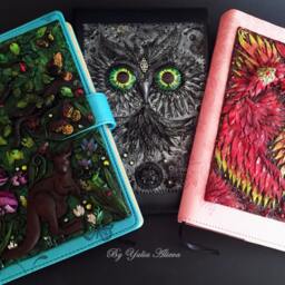 Handmade Polymer Clay Owl Journal Cover, Sculpted Notebook Cover - 15x22cm - thumbnail 4