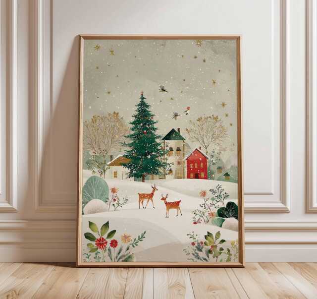 Christmas Village Poster, Illustration Style Holiday Wall Art, Winter Deer Decor, Snowy Tree Festive Print, Gift Artwork - image 1