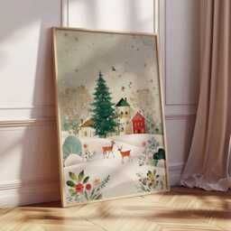 Christmas Village Poster, Illustration Style Holiday Wall Art, Winter Deer Decor, Snowy Tree Festive Print, Gift Artwork - thumbnail 2