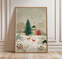 Christmas Village Poster, Illustration Style Holiday Wall Art, Winter Deer Decor, Snowy Tree Festive Print, Gift Artwork - thumbnail 1
