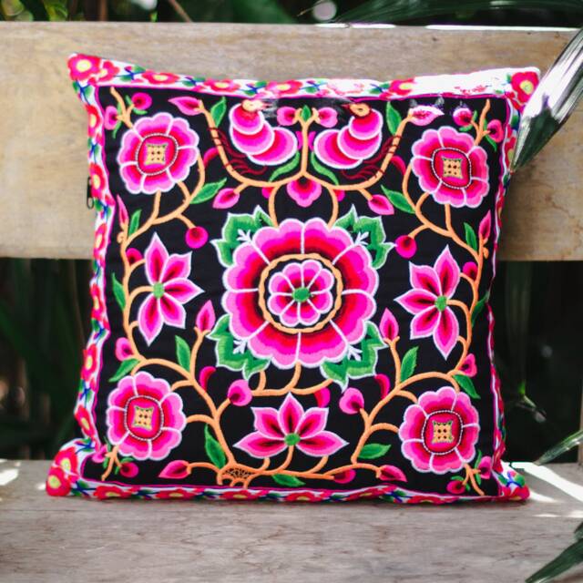 Black Silkworm Embroidered Floral Hmong Pillow Cover, Thai Sofa Cushion - Cs101Blaw - image 1