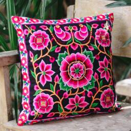 Black Silkworm Embroidered Floral Hmong Pillow Cover, Thai Sofa Cushion - Cs101Blaw - thumbnail 2