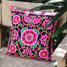 Black Silkworm Embroidered Floral Hmong Pillow Cover, Thai Sofa Cushion - Cs101Blaw - thumbnail 3