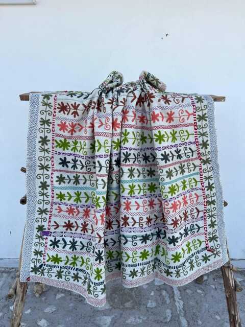 Handmade Vintage Suzani Kantha Quilt Reversible Floral Embroidery Cotton Boho Bedspread Blanket - image 1