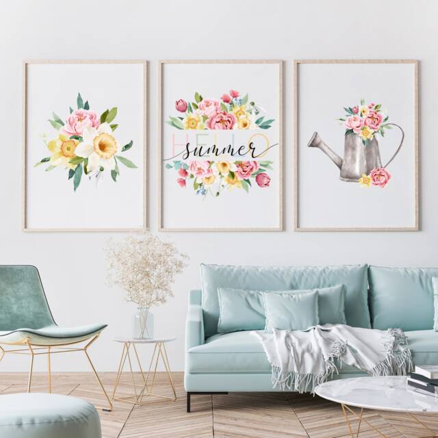 Summer Print Trio - Colourful Wall Art For Gallery Walls, Entryway Or Kitchen, Hello Summer, Watering Can, Seasonal Florals, Bright Deco - image 1