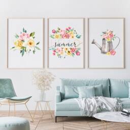 Summer Print Trio - Colourful Wall Art For Gallery Walls, Entryway Or Kitchen, Hello Summer, Watering Can, Seasonal Florals, Bright Deco - thumbnail 1