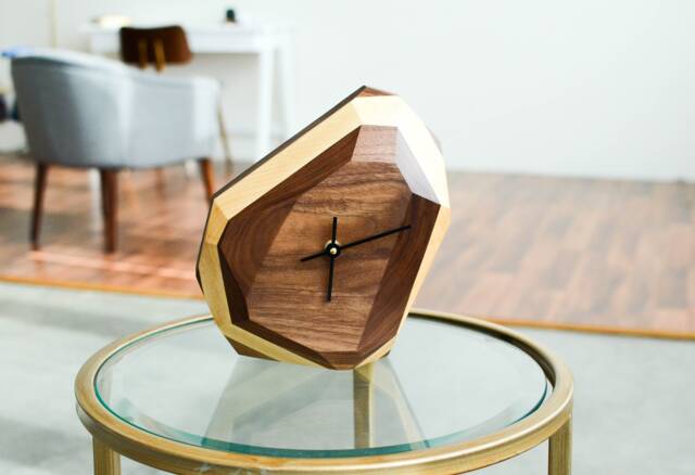 Geometric Quartz Crystal Clock, Modern Hardwood Tabletop Or Wall Decor - image 1