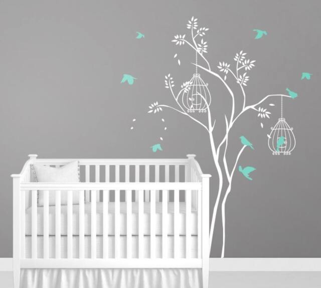 Wall Decals For Nursery Baby Room Designs Tree Branch With Flying Birds & Cage Sticker Home Decor Decalisland - Sd 097 - image 1