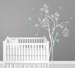 Wall Decals For Nursery Baby Room Designs Tree Branch With Flying Birds & Cage Sticker Home Decor Decalisland - Sd 097 - thumbnail 1