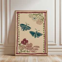 Folk Art Moth Poster - Teal Burgundy Botanical Print Beige Textured Background Wall Decor - thumbnail 1