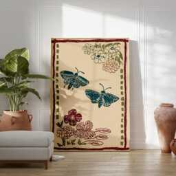 Folk Art Moth Poster - Teal Burgundy Botanical Print Beige Textured Background Wall Decor - thumbnail 3