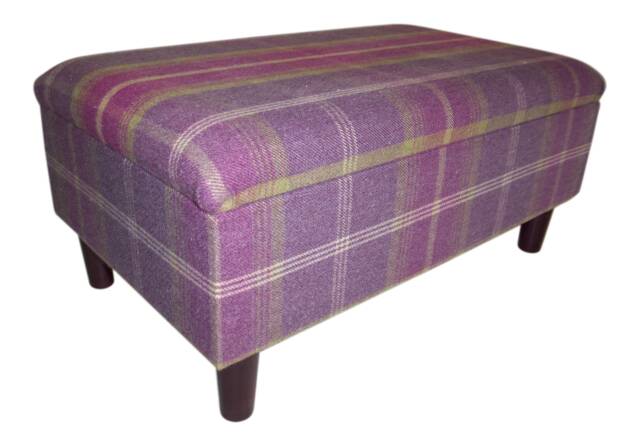 Extra Large Long Storage Box Balmoral Amethyst Tartan Fabric - Dark Wood Round Legs - image 1