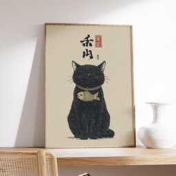 Black Lucky Cat Ukiyo-E Art Print, Japanese Fish Charm Wall Decor, Traditional Maneki-Neko - thumbnail 2