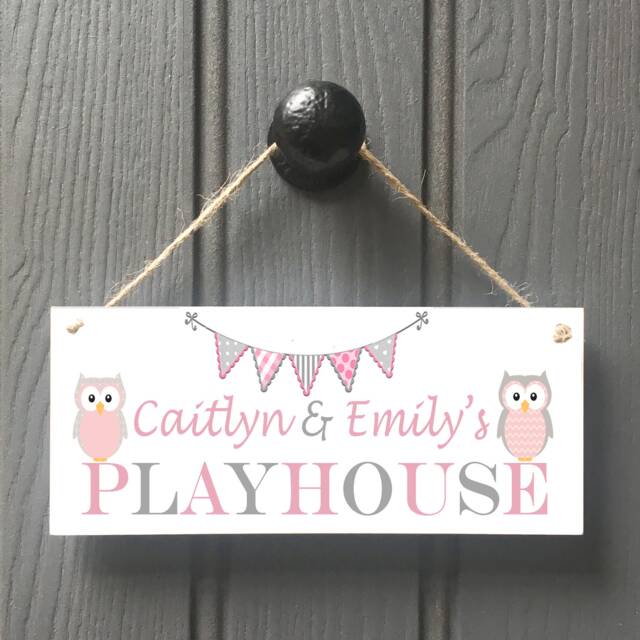 Personalised Playhouse Sign Grey Pink Owls Kids Playhouse Sign/ Spiel Haus/ Playroom Signs// - image 1