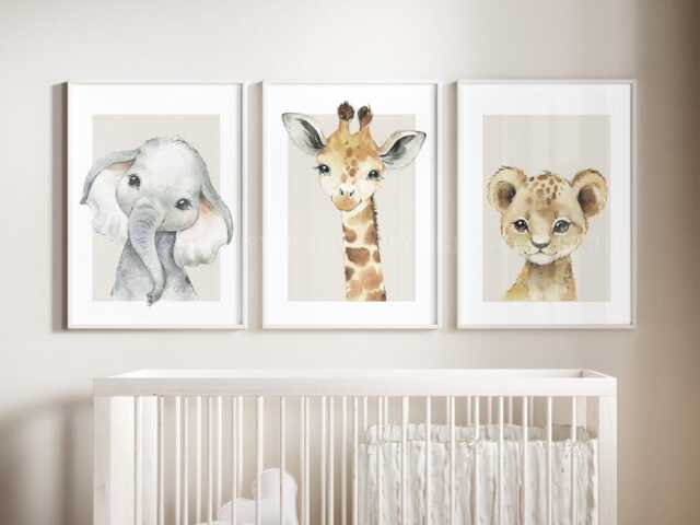 Safari Elephant Giraffe Lion Animal Baby Girls Boys A4 Or A3 Nursery Set Of Unframed Prints Unisex Neutral Boho Beige Jungle - image 1