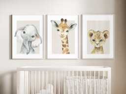 Safari Elephant Giraffe Lion Animal Baby Girls Boys A4 Or A3 Nursery Set Of Unframed Prints Unisex Neutral Boho Beige Jungle - thumbnail 1