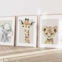 Safari Elephant Giraffe Lion Animal Baby Girls Boys A4 Or A3 Nursery Set Of Unframed Prints Unisex Neutral Boho Beige Jungle - thumbnail 3