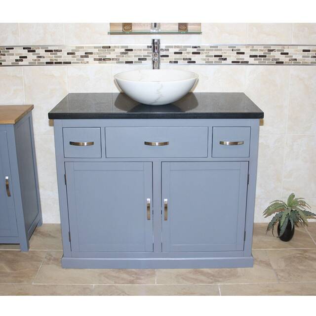 Bathroom Grey Vanity Unit Oak Top Cabinet Wash Stand Black Quartz Marble Stone Basin 1161Gbqsbc - image 1