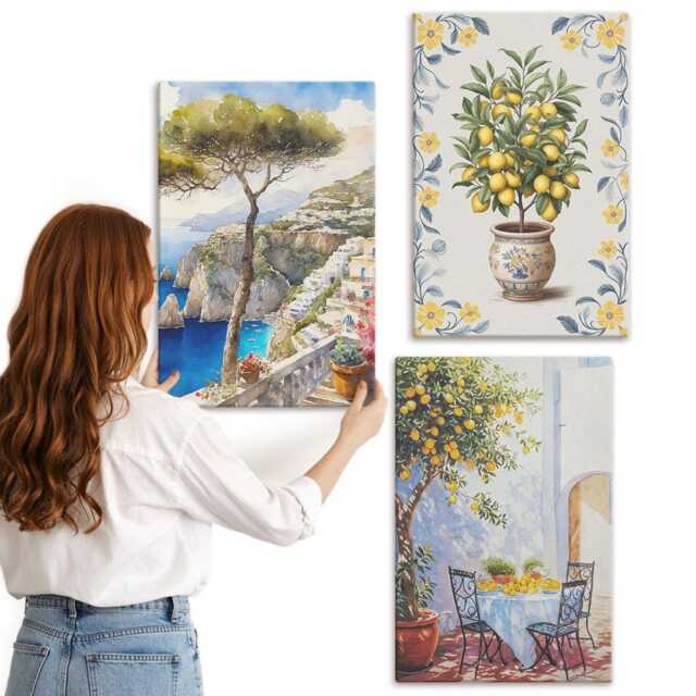 Canvas Set Of 3 - Sea View With Lemon Trees Italian Paintings, Yellow Wall Art Canvas, Landscapes Hanging Piece - image 1