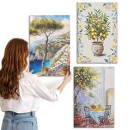 Canvas Set Of 3 - Sea View With Lemon Trees Italian Paintings, Yellow Wall Art Canvas, Landscapes Hanging Piece - thumbnail 1