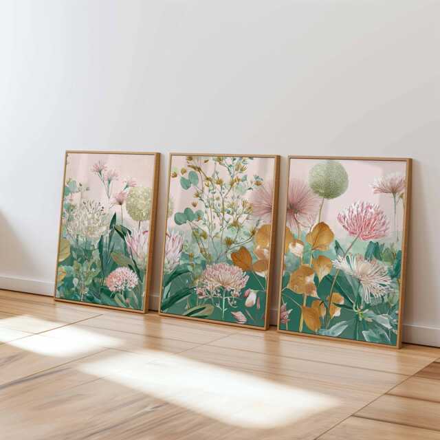 Botanical Wall Art Prints Set Of 3, Modern Floral Posters, Green & Beige Flower Artwork For Living Room, Bedroom Contemporary Home Decor - image 1