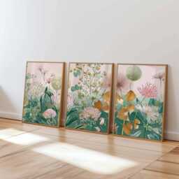 Botanical Wall Art Prints Set Of 3, Modern Floral Posters, Green & Beige Flower Artwork For Living Room, Bedroom Contemporary Home Decor - thumbnail 1