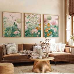 Botanical Wall Art Prints Set Of 3, Modern Floral Posters, Green & Beige Flower Artwork For Living Room, Bedroom Contemporary Home Decor - thumbnail 3