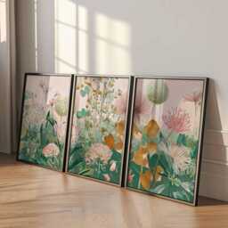 Botanical Wall Art Prints Set Of 3, Modern Floral Posters, Green & Beige Flower Artwork For Living Room, Bedroom Contemporary Home Decor - thumbnail 2