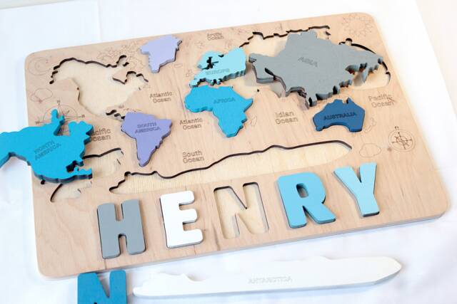 World Map Name Puzzle, Birthday Baby Gift, Montessori Toys, Wood World Map, Educational Personalized Puzzle With Pegs - image 1