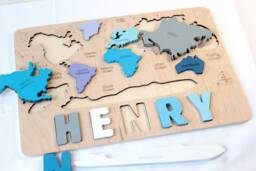 World Map Name Puzzle, Birthday Baby Gift, Montessori Toys, Wood World Map, Educational Personalized Puzzle With Pegs - thumbnail 1