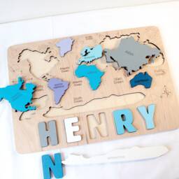 World Map Name Puzzle, Birthday Baby Gift, Montessori Toys, Wood World Map, Educational Personalized Puzzle With Pegs - thumbnail 2