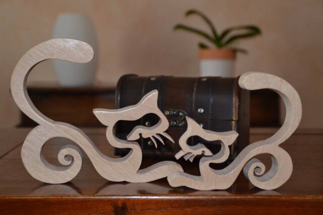 Set Of 2 Cats/Decorative Solid Wood Sculpture Cat & Kitten Beech Fretwork - image 1