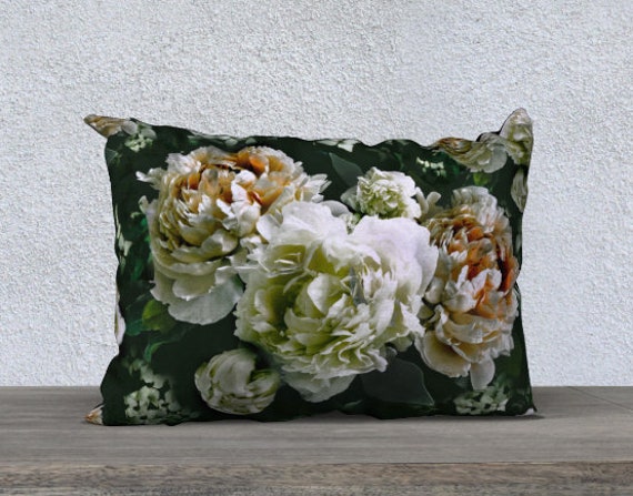 Velvet Pillow, Peony & Dogwood Lumbar Throw Velveteen Pillow Flowers On Greens, 20x14In, Decorative Cushion Gift For Mum - image 1
