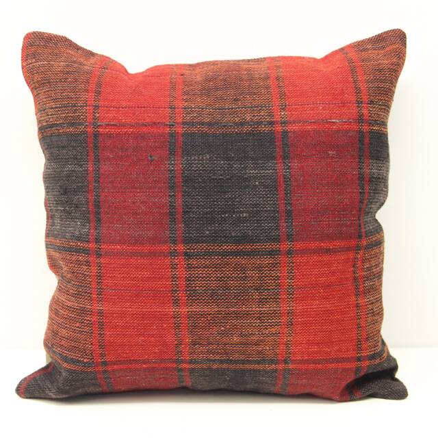 Vintage Kilim Pillow Cover, Red Plaid Wool, Boho Decor - 16x16 Inch - image 1