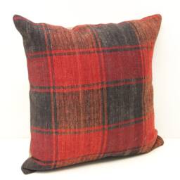 Vintage Kilim Pillow Cover, Red Plaid Wool, Boho Decor - 16x16 Inch - thumbnail 2