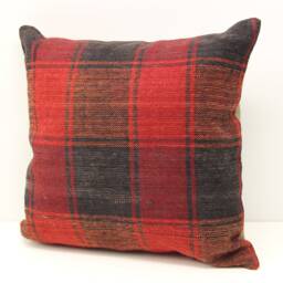 Vintage Kilim Pillow Cover, Red Plaid Wool, Boho Decor - 16x16 Inch - thumbnail 3
