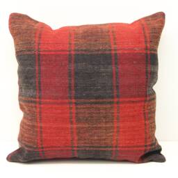 Vintage Kilim Pillow Cover, Red Plaid Wool, Boho Decor - 16x16 Inch - thumbnail 1