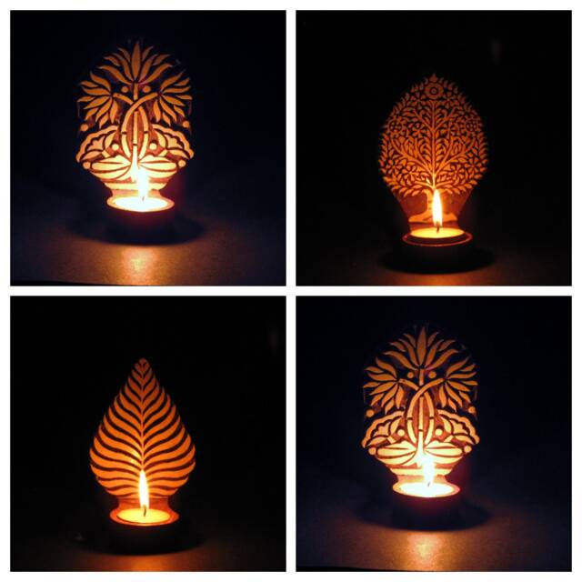 Wood Tea Light Candle Holder, Wall Mounted, Textile Block .india Art, Floral, Tree Wooden Print, Diwali Gift - image 1