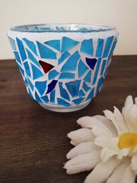 Blue Mosaic Stained Glass Candle Holder Ocean Decor - image 1
