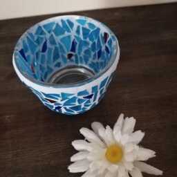 Blue Mosaic Stained Glass Candle Holder Ocean Decor - thumbnail 2