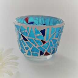 Blue Mosaic Stained Glass Candle Holder Ocean Decor - thumbnail 4