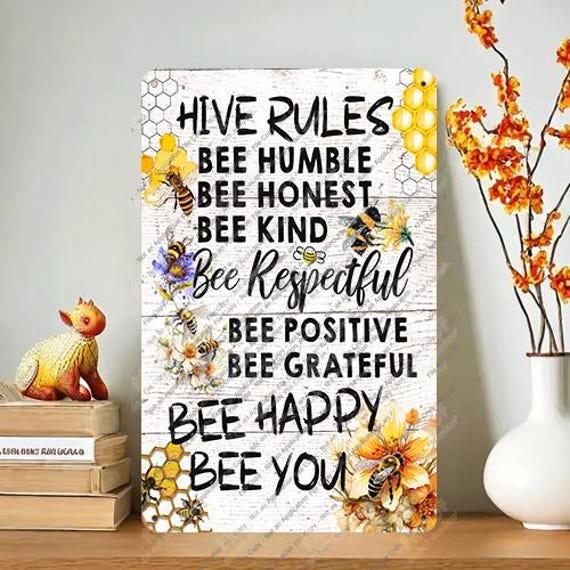 Bee Rules Metal Wall Decor, Inspirational Honeybee, Rustic Farmhouse Style, Hive Design, Family Rules - Decoration Sign - image 1