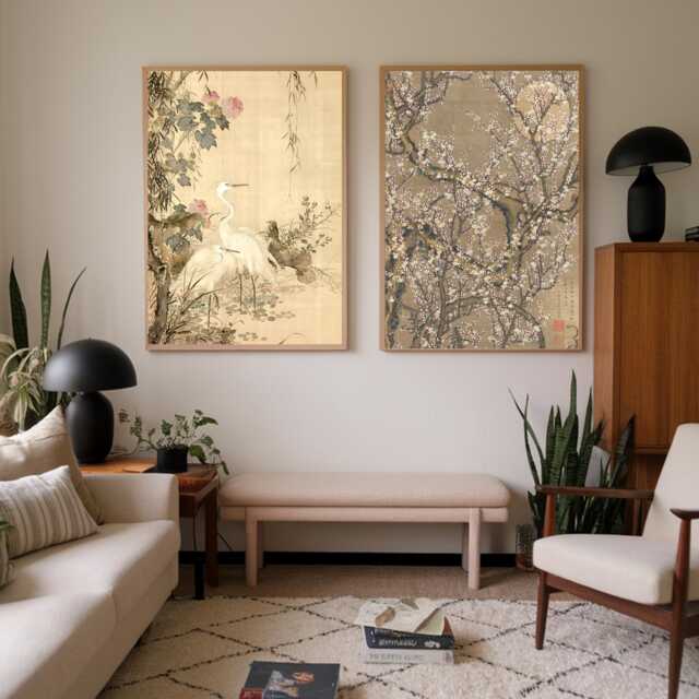 Set Of 2 Minimalist Tree Branch Prints - Japandi Wall Art Nature Inspired Japanese Decor, Art, Ohara Koson - image 1